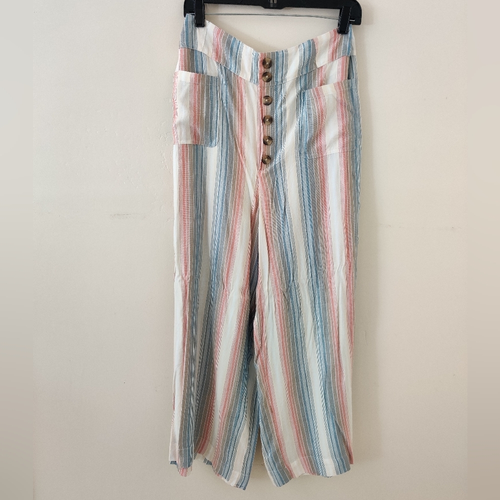 America Eagle Outfitters Striped Wide-Leg Pants with Button Detail